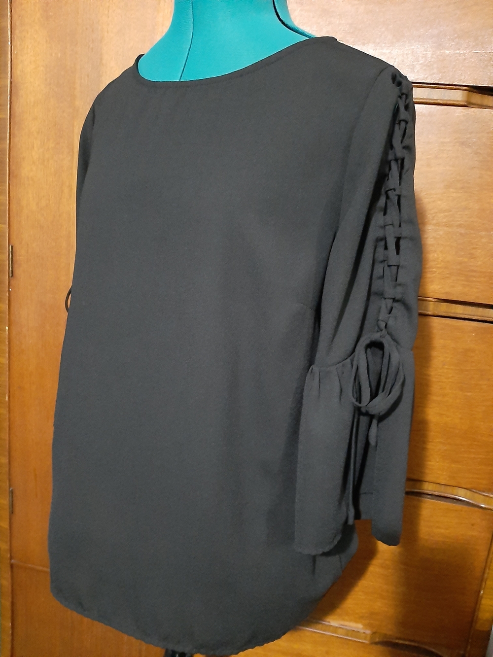 Time and Tru Black Long Sleeve Blouse with Lace-Up Sleeves